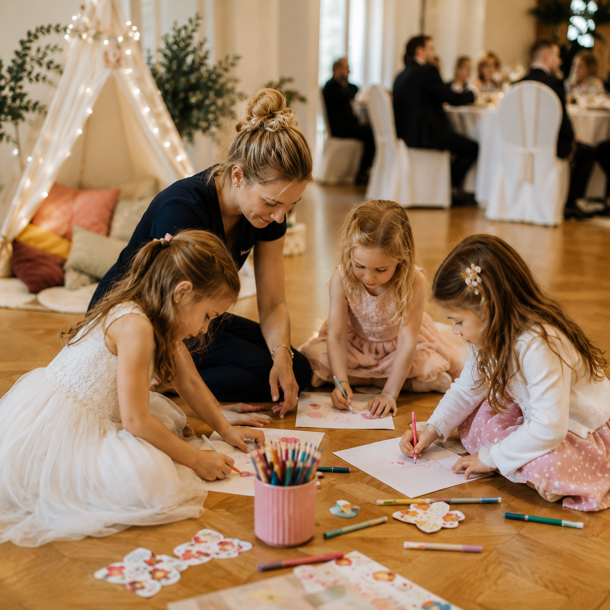 Kinder basteln und malen auf einer Hochzeit mit professioneller Kinderbetreuung und kreativer Spielecke von ZauberZeit
