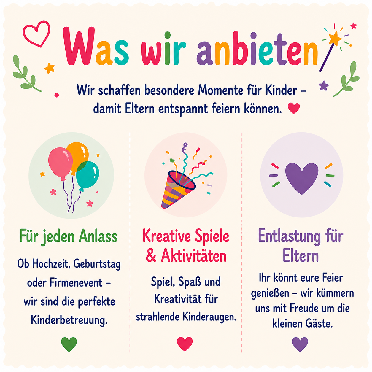 Kinderbetreuung für Hochzeiten, Geburtstage und Events mit kreativen Spielen, Spaß und liebevoller Betreuung durch ZauberZeit

