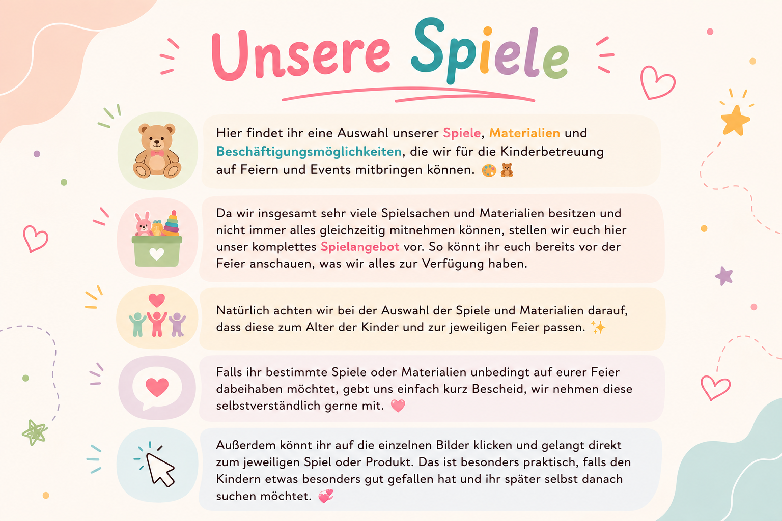 Bunte Spielecke mit Materialien und Beschäftigungsideen für Kinderbetreuung auf Hochzeiten, Feiern und Familienevents durch ZauberZeit

