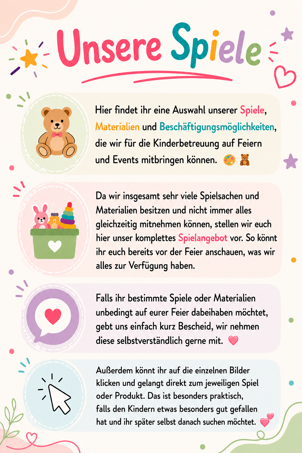 Übersicht von Spielen, Materialien und Beschäftigungsmöglichkeiten für professionelle Kinderbetreuung auf Hochzeiten und Events durch ZauberZeit
