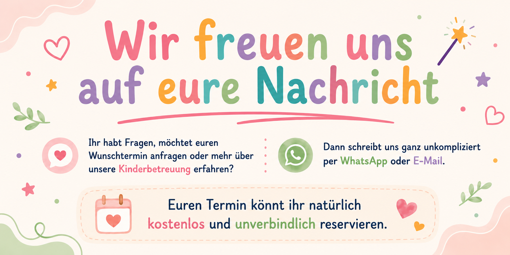 ZauberZeit Kontaktbereich für professionelle Kinderbetreuung auf Hochzeiten mit kostenloser und unverbindlicher Terminanfrage per WhatsApp oder E-Mail