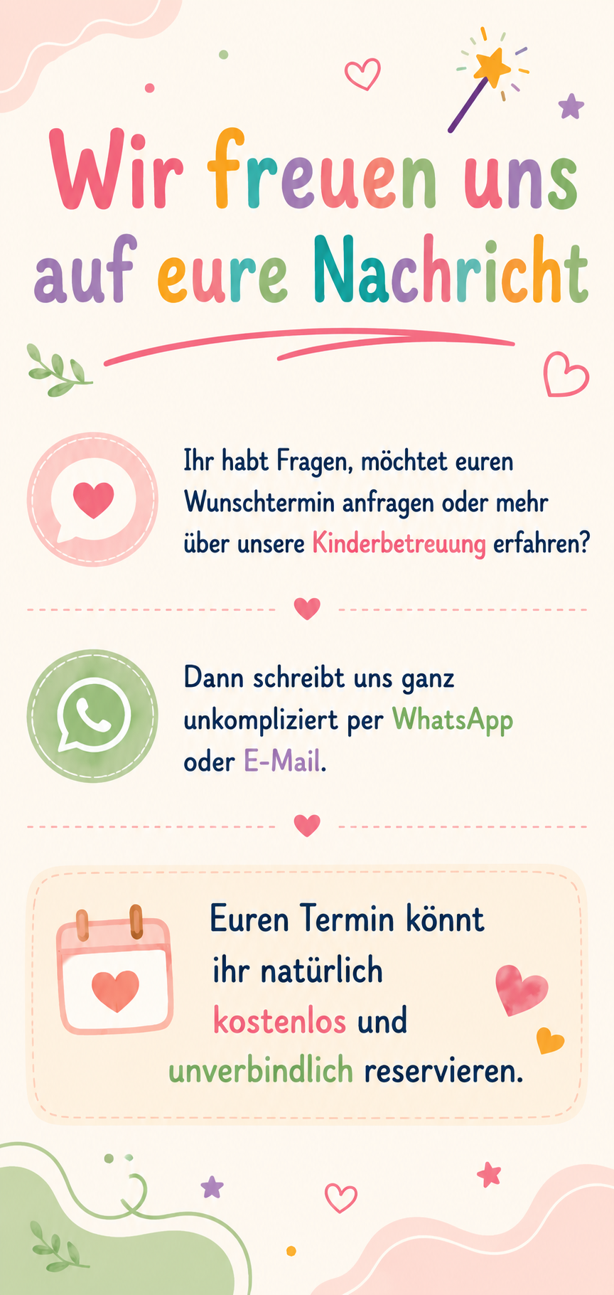 ZauberZeit Kontaktseite für professionelle Kinderbetreuung auf Hochzeiten mit unverbindlicher Anfrage per WhatsApp oder E-Mail